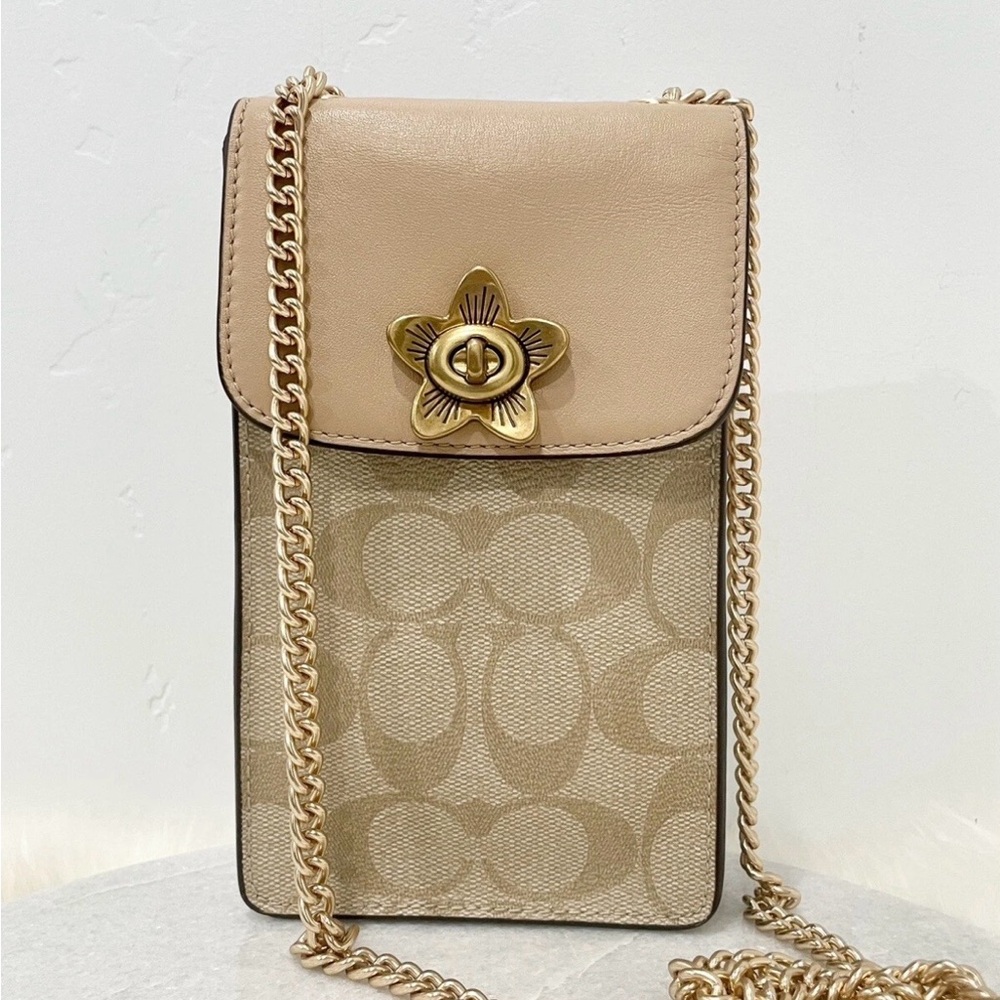 Coach Phone/Cardholder in Signature Canvas Light Khaki/Beechwood. EUC. Msrp $228